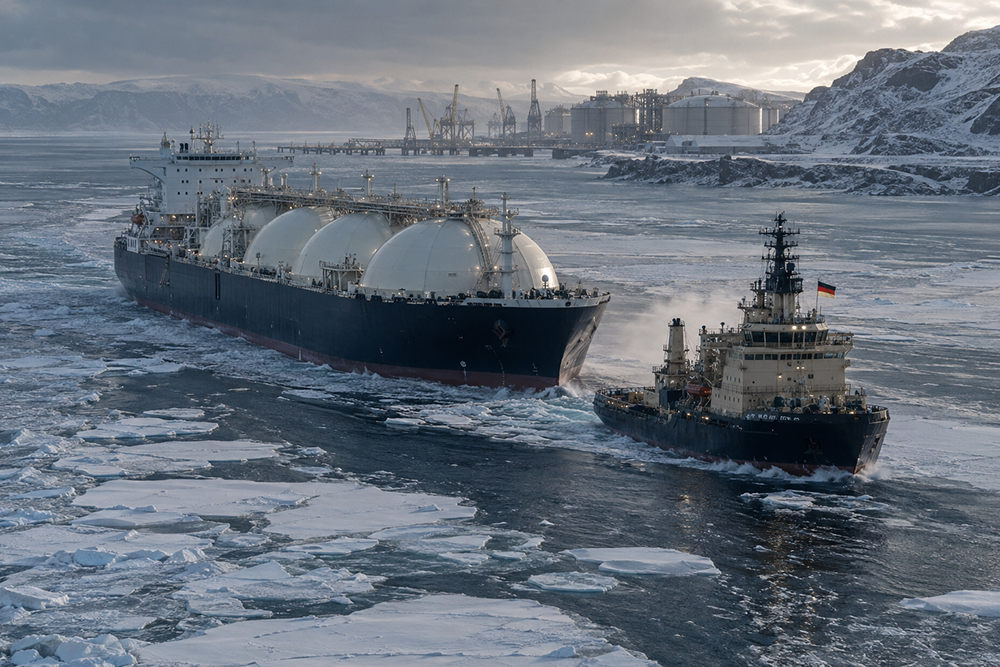 Arktische Eisbrecher eskortiert Gastanker